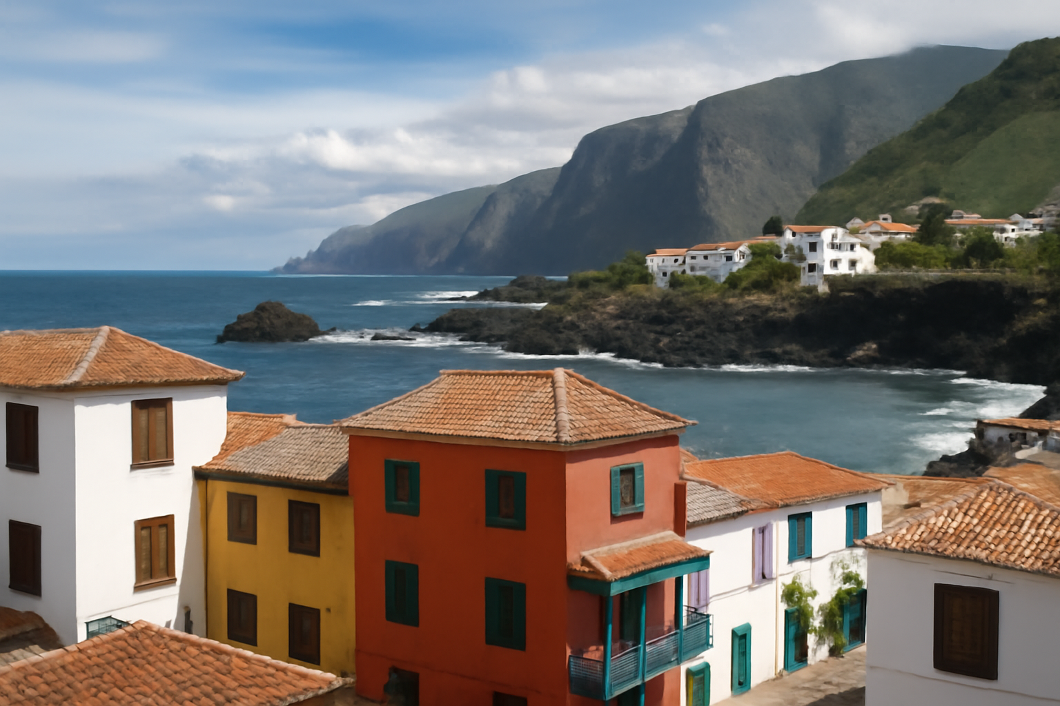 Blick auf die Küste von Teneriffa mit kanarischen Häusern.