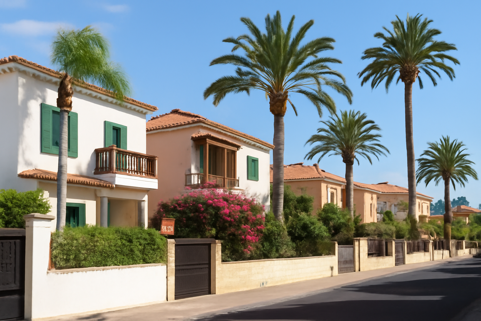 Typische Wohngegend in Teneriffa mit Häusern und Palmen.