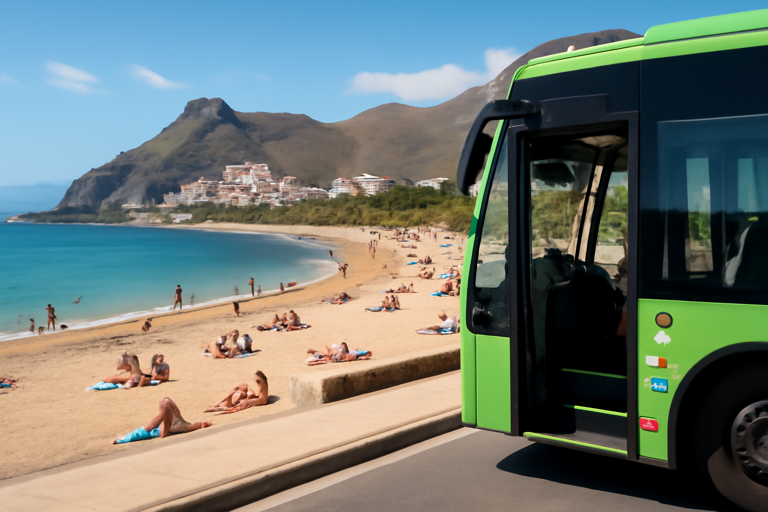 Strand von Teneriffa mit Menschen und öffentlichen Verkehrsmitteln.