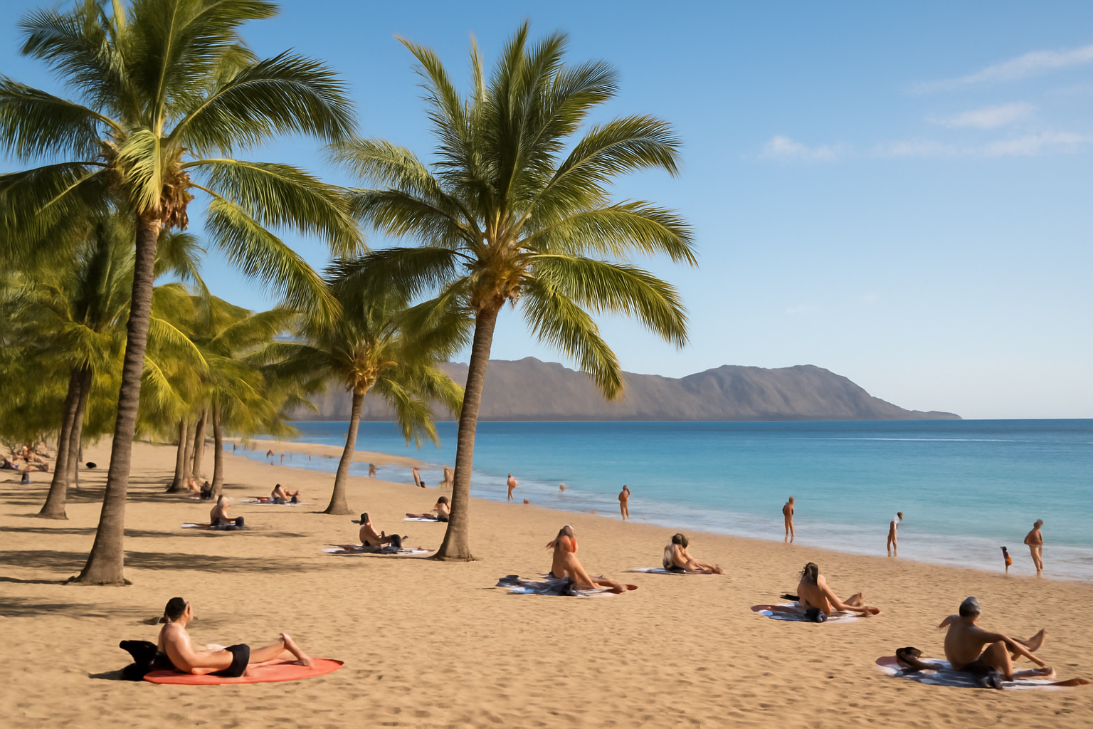 Sonniger Strand auf Teneriffa mit Palmen und Menschen