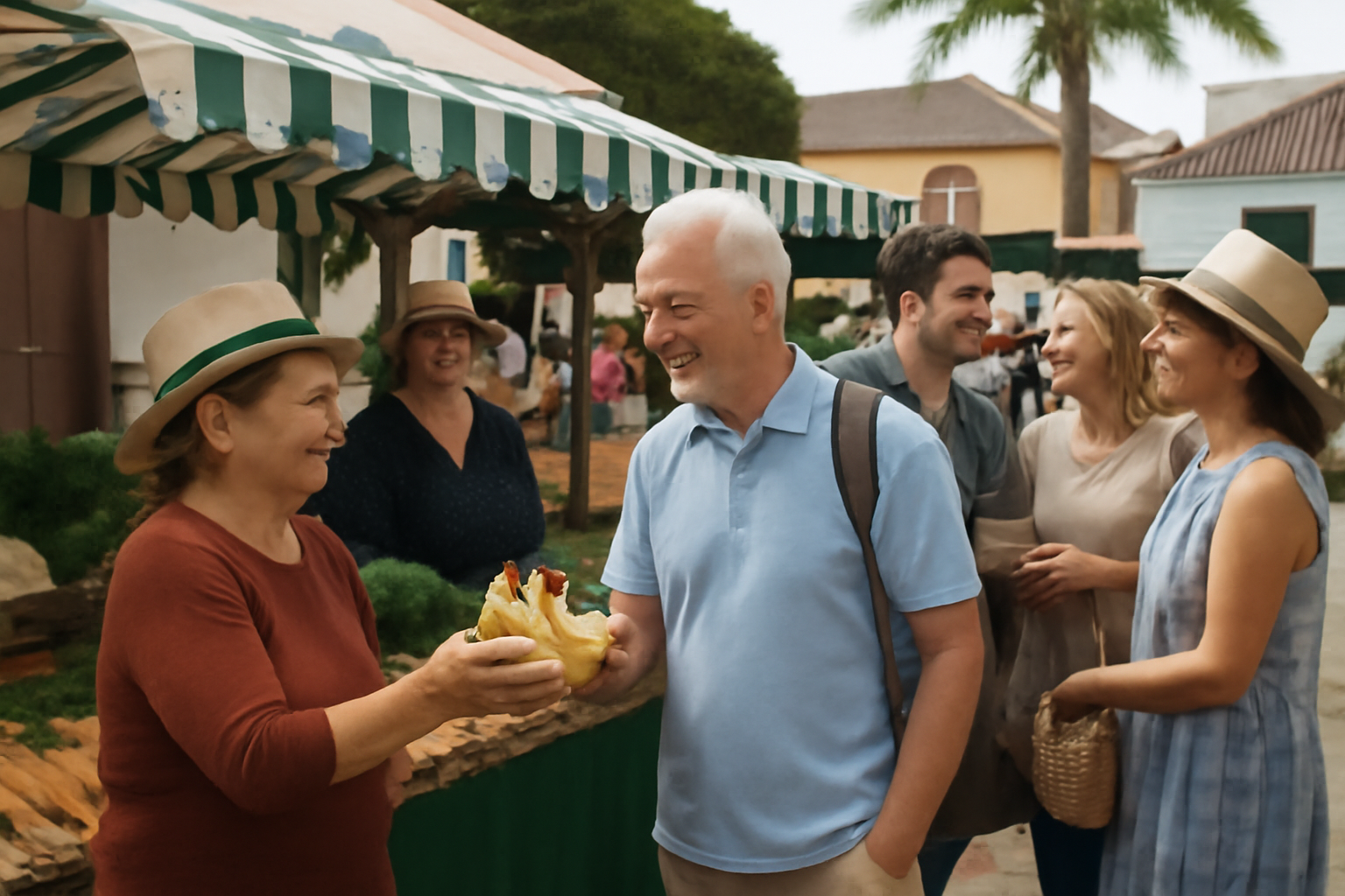 Menschen auf einem Markt in Teneriffa, die lokale Kontakte knüpfen.