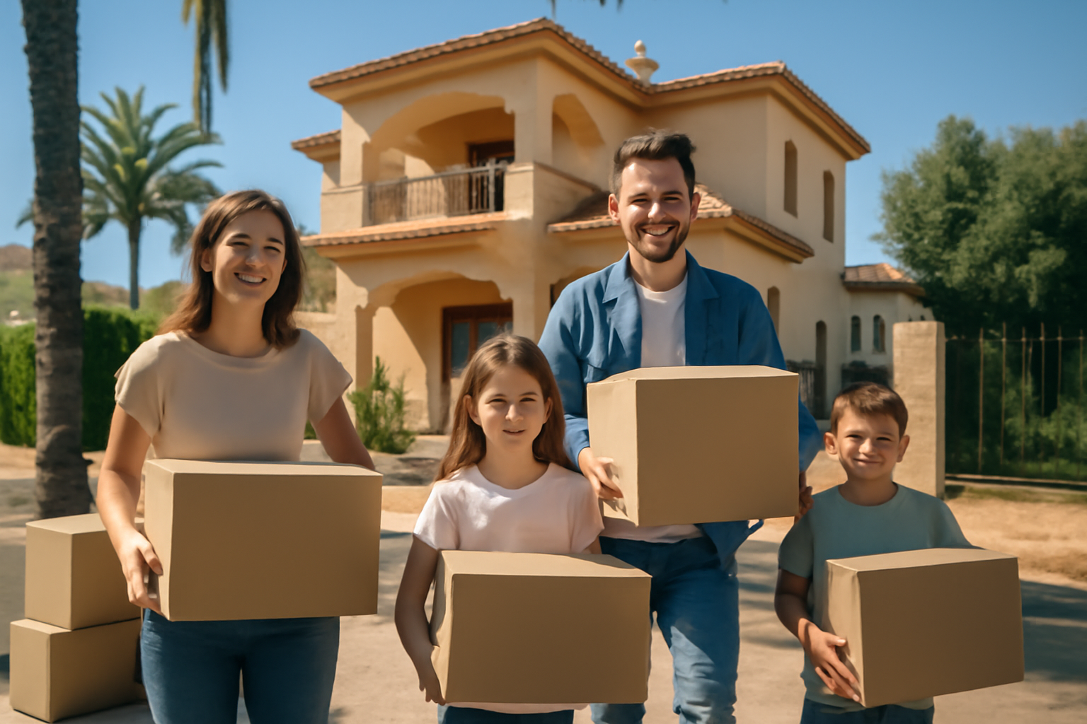 Familie zieht in ihr neues Zuhause in Spanien mit Umzugskartons.