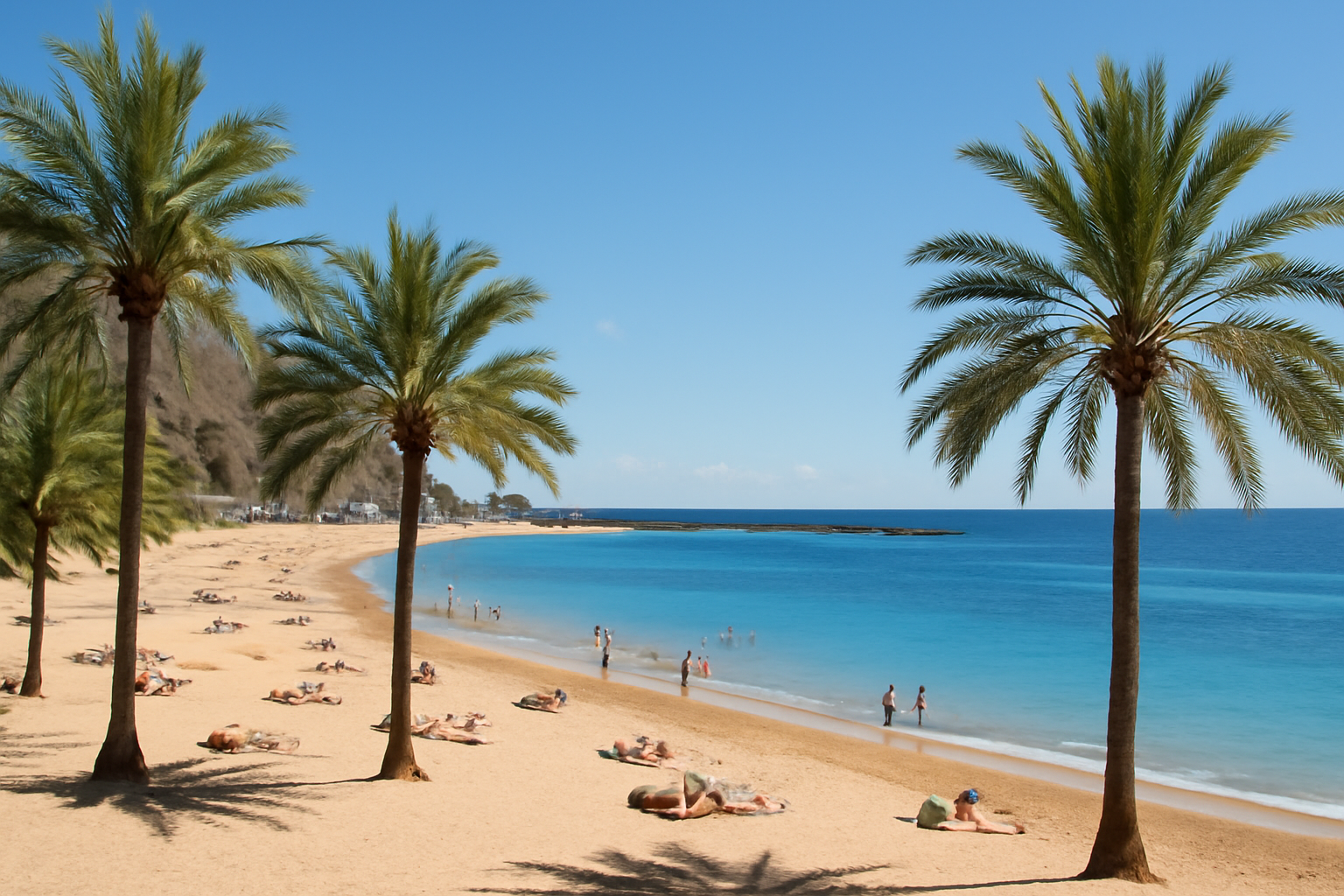 Sonniger Strand auf Teneriffa mit Palmen und klarem Wasser.