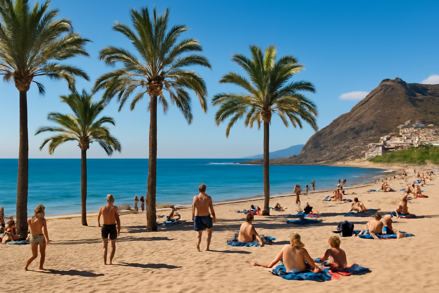 Sonniger Strand auf Teneriffa mit Palmen und Menschen.